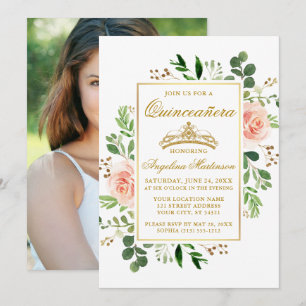 Invitation Aquarelle rose Floral verdure Quinceanera Photo