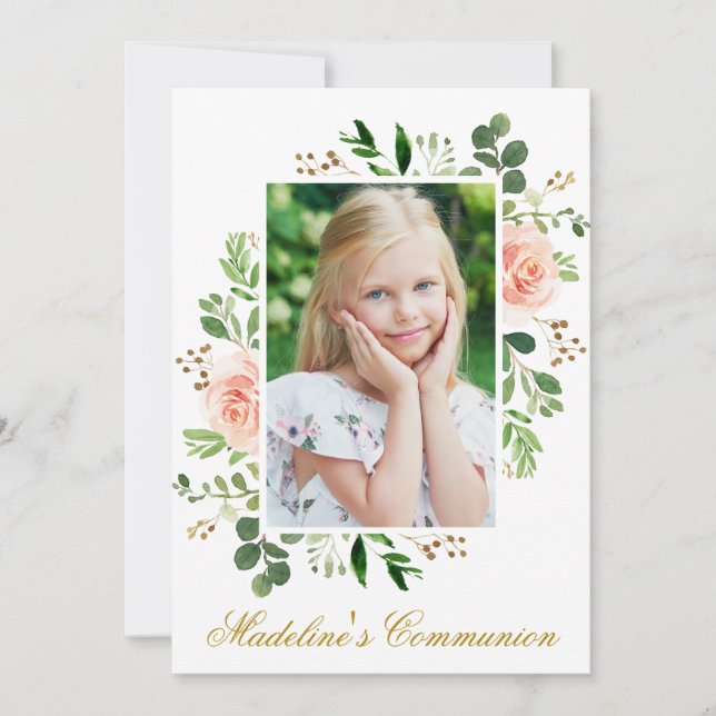 Invitation Aquarelle rose Floral vert Communion photo (Devant)