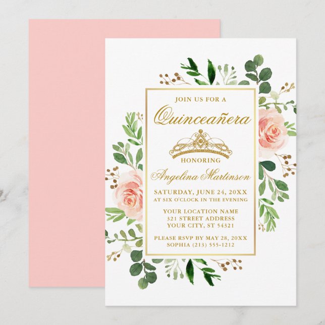 Invitation Aquarelle rose Floral Vert Or Quinceanera (Devant / Derrière)