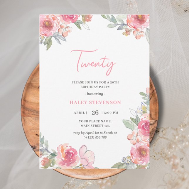 Invitation Aquarelle rose Floral Vingt Boho Chic Anniversaire (Créateur téléchargé)