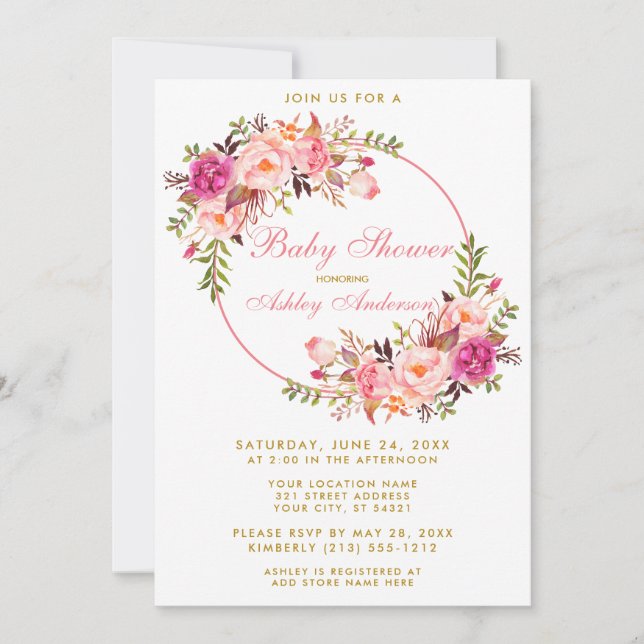 Invitation Aquarelle rose Floral Wreath Baby shower or (Devant)