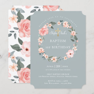 Invitation Aquarelle Rose Floral Wreath Baptême 1er anniversa