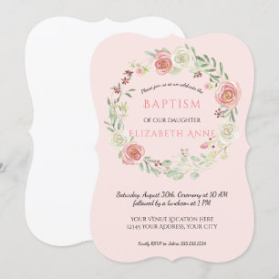 Invitation Aquarelle rose Floral Wreath Baptême bébé fille