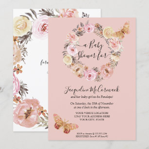 Invitation Aquarelle rose Floral Wreath Butterfly Baby Girl