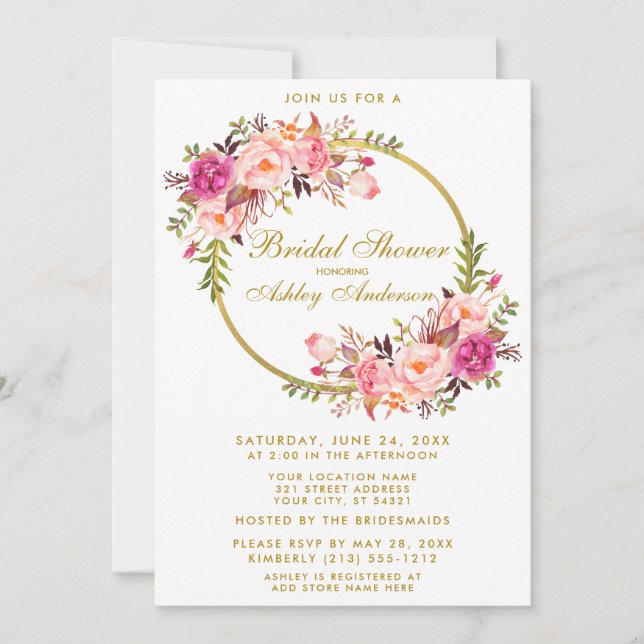 Invitation Aquarelle rose Floral Wreath Fête des mariées or (Devant)