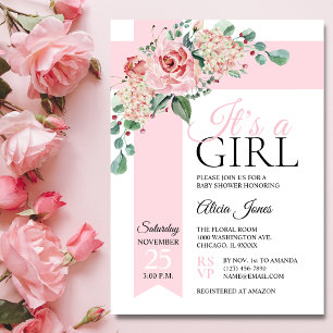 Invitation Aquarelle rose florale C'est un BABY SHOWER fille