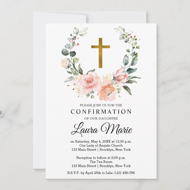 Invitation Aquarelle rose florale Confirmation (Devant)