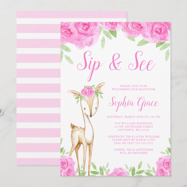 Invitation Aquarelle rose florale de cerfs Sip and See (Devant / Derrière)