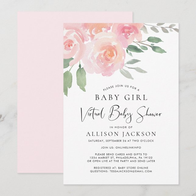 Invitation Aquarelle rose florale de la fille du Baby shower  (Devant / Derrière)