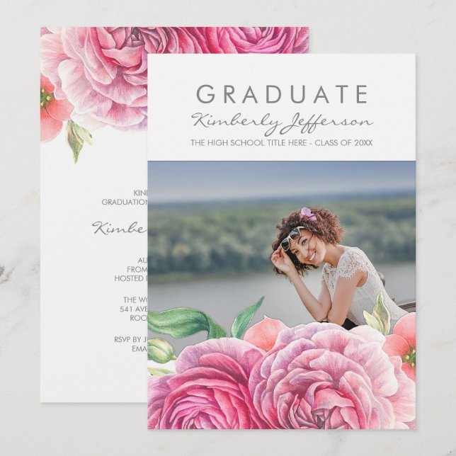 Invitation Aquarelle rose florale Élégante graduation photo (Devant / Derrière)