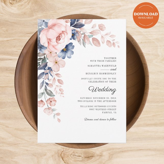 Invitation Aquarelle rose florale Mariage botanique (Blush Pink Floral Watercolor Script Wedding Invitation)