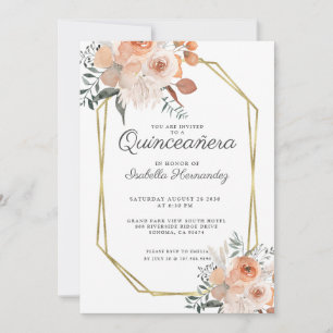 Invitation Aquarelle rose Florale Or Cadre Quinceanera