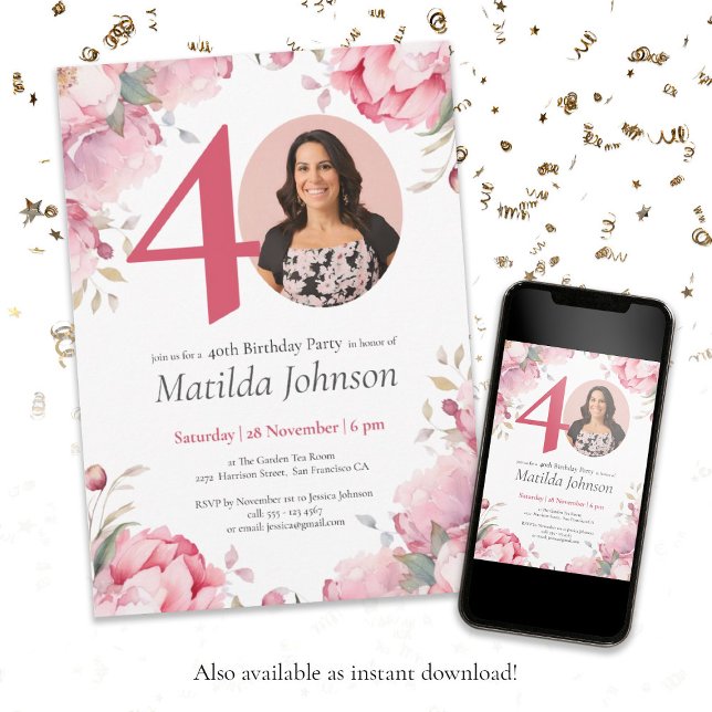 Invitation Aquarelle rose florale Photo personnalisée 40e ann (40th Birthday Pink Floral Watercolor Custom Photo Invitation)