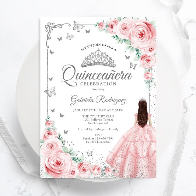 Invitation Aquarelle rose Florale Roses Quinceanera argent (Créateur téléchargé)