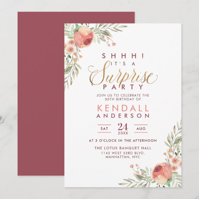 Invitation Aquarelle rose Florale Surprise fête d'anniversair (Devant / Derrière)