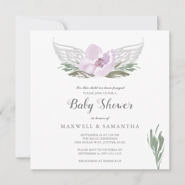 Invitation Aquarelle rose Florals Angel Wings Baby shower (Devant)