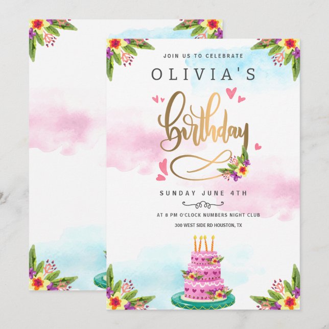 Invitation Aquarelle rose Gâteau floral Anniversaire (Devant / Derrière)