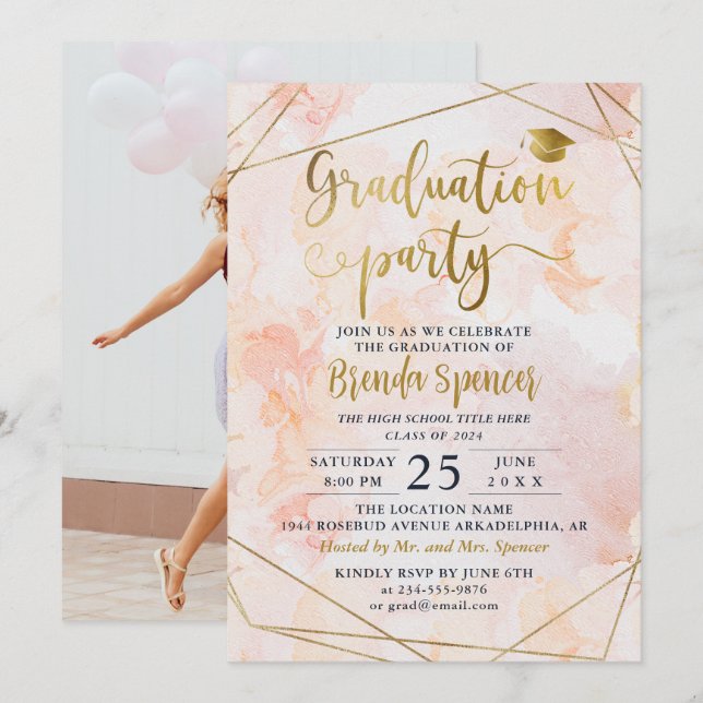 Invitation Aquarelle rose géométrique or Graduation photo (Devant / Derrière)