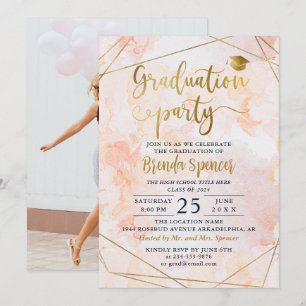 Invitation Aquarelle rose géométrique or Graduation photo