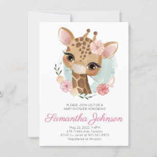 Invitation Aquarelle rose Giraffe Baby shower fille