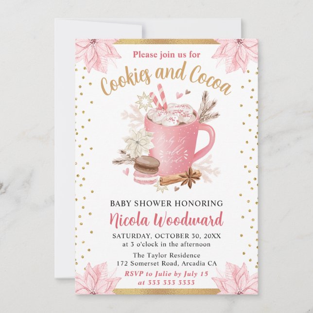 Invitation Aquarelle Rose Hiver Cookies & Baby shower de caca (Devant)