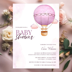 Invitation Aquarelle rose Hot Air Balloon Baby shower fille