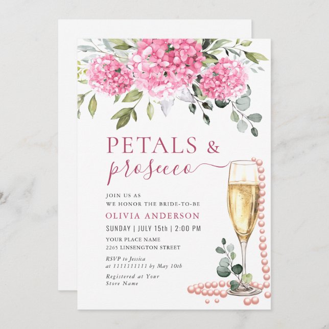 Invitation Aquarelle rose Hydrangea PETALS & Prosecco (Devant / Derrière)