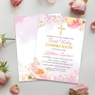 Invitation Aquarelle Rose Jardin Rose Première communion sain