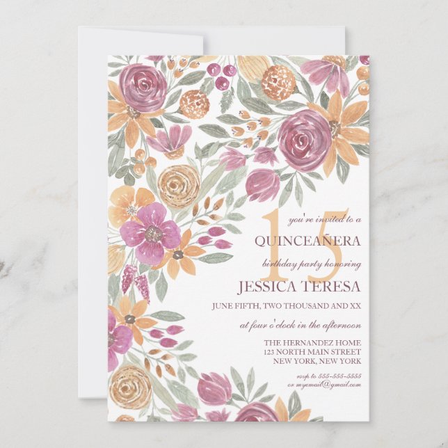 Invitation Aquarelle rose jaune doré Quinceañera (Devant)