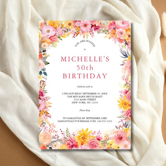 Invitation Aquarelle rose jaune Floral 50e anniversaire Son (Pink and Yellow Floral Elegant 50th Birthday party invitation for her)