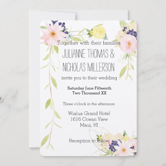 Invitation Aquarelle rose jaune Mariage Floral (Devant)