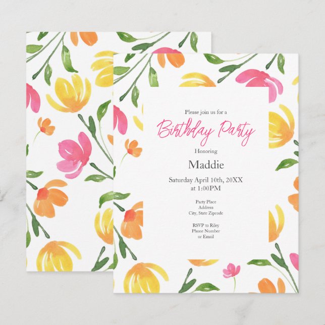 Invitation Aquarelle rose jaune orange Motif de tiges florale (Devant / Derrière)