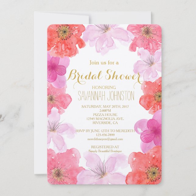 Invitation Aquarelle rose jolie Fête des mariées florale (Devant)