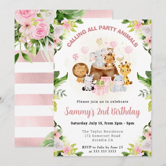 Invitation Aquarelle rose Jungle Animaux Anniversaire de enfa (Devant / Derrière)