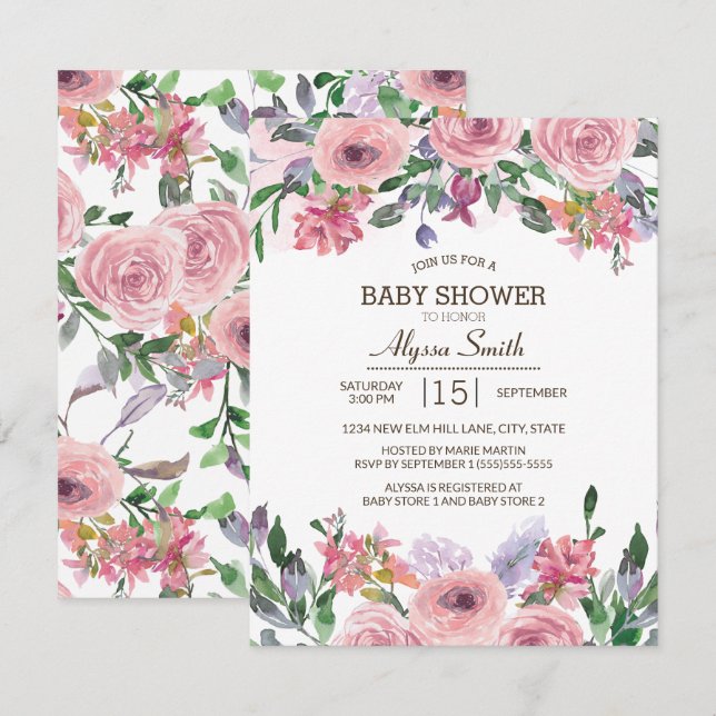 Invitation Aquarelle rose Lavande Baby shower floral de print (Devant / Derrière)