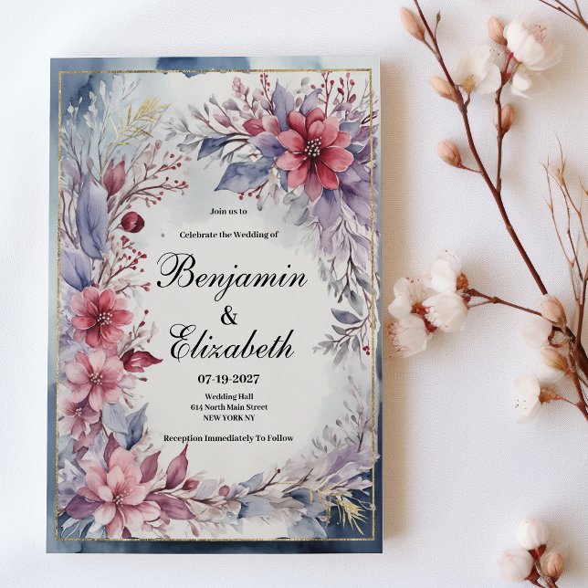 Invitation Aquarelle rose lavande bleu or Mariage floral (Watercolor pink lavender blue gold floral Wedding)