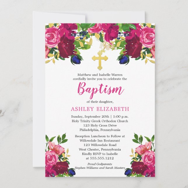Invitation Aquarelle rose magenta Baptême floral (Devant)