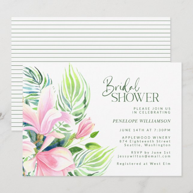 Invitation Aquarelle rose Magnolia Fête des mariées à fleurs (Devant / Derrière)