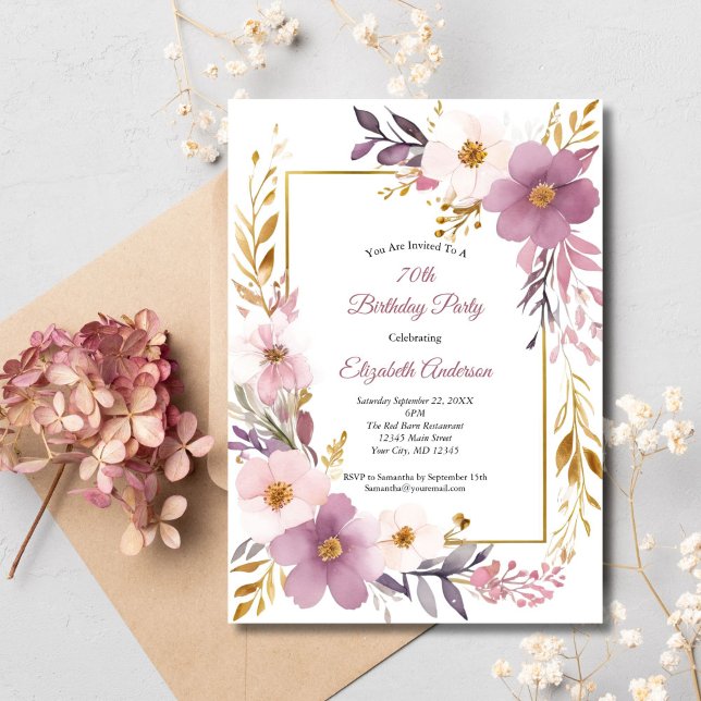 Invitation Aquarelle rose mauve or Floral 70e anniversaire (Pink Mauve Purple Gold Watercolor Floral Botanical Birthday invitation for her)