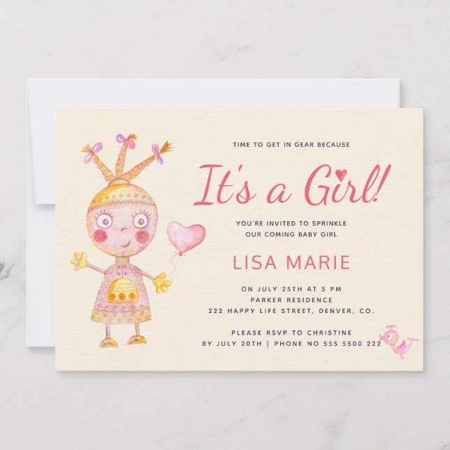 Invitation Aquarelle rose mignon robot c'est un baby shower f (Devant)