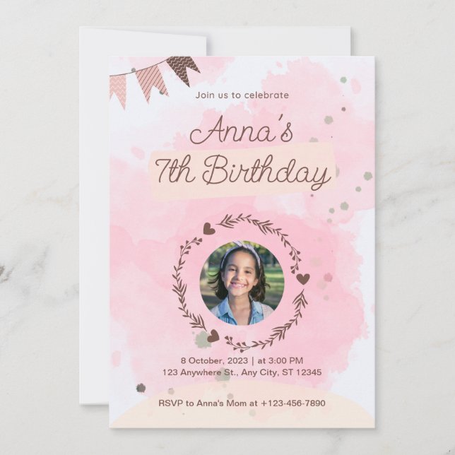 Invitation Aquarelle rose mignonne Anniversaire (Devant)
