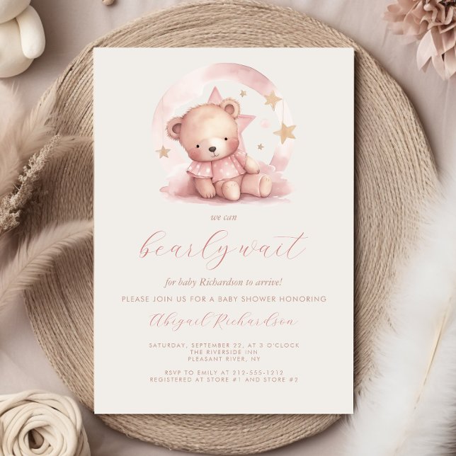 Invitation Aquarelle rose mignonne Ours Baby shower fille (Créateur téléchargé)