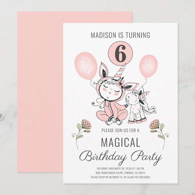 Invitation Aquarelle rose mignonne Unicorn fille 6e anniversa (Devant / Derrière)