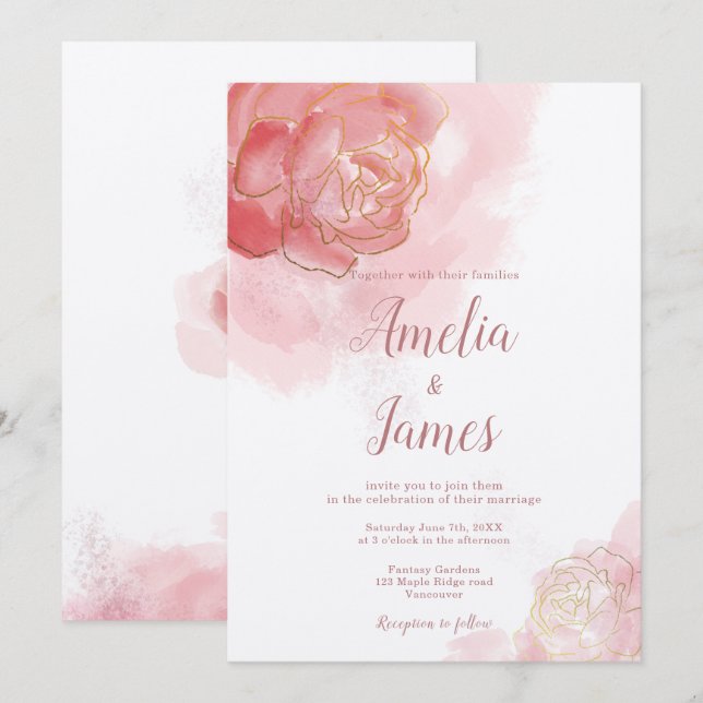 Invitation Aquarelle rose millénaire artistique florale (Devant / Derrière)