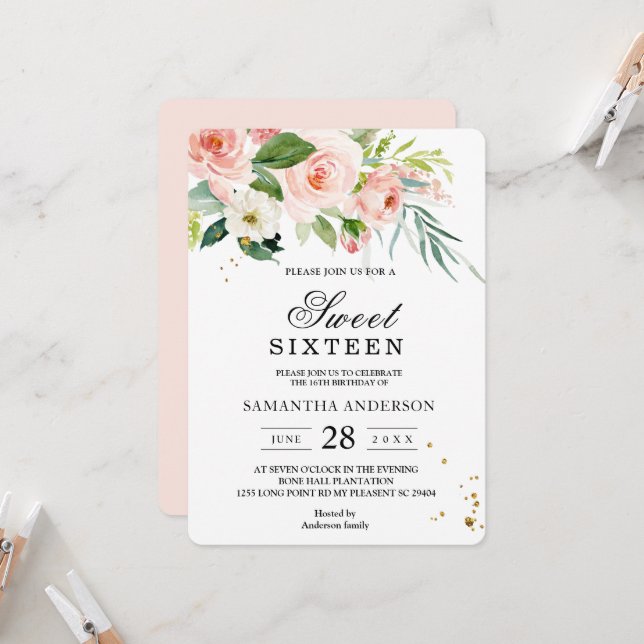Invitation Aquarelle rose moderne Beauté Fleurs & Feuilles (Devant/Arrière en situation)