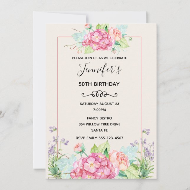 Invitation Aquarelle rose moderne Bouquet floral Anniversaire (Devant)