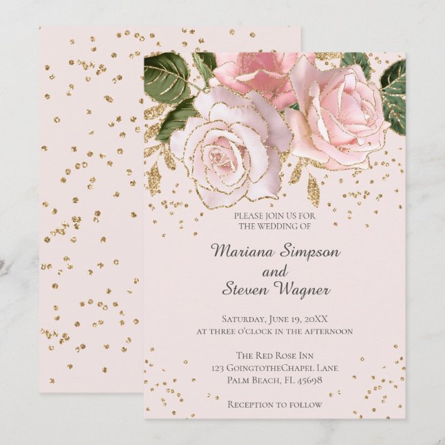 Invitation Aquarelle rose moderne Floral Parties scintillant  (Devant / Derrière)