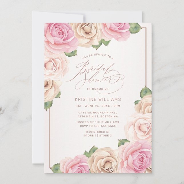 Invitation Aquarelle Rose moderne or Fête des mariées florale (Devant)
