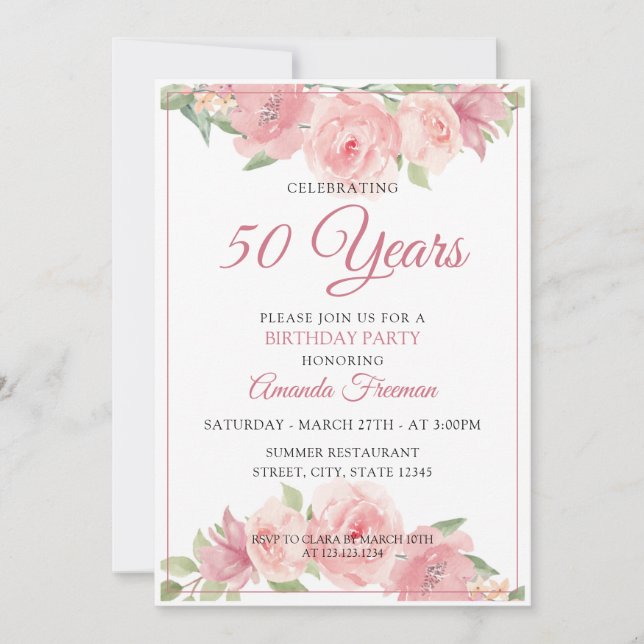 Invitation Aquarelle rose moderne Rose Mère Anniversaire (Devant)
