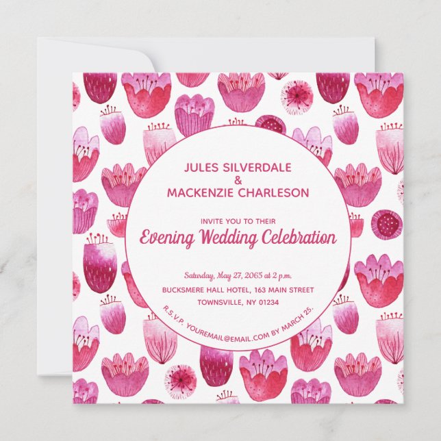 Invitation Aquarelle rose Motif Floral Soirée Réception (Devant)